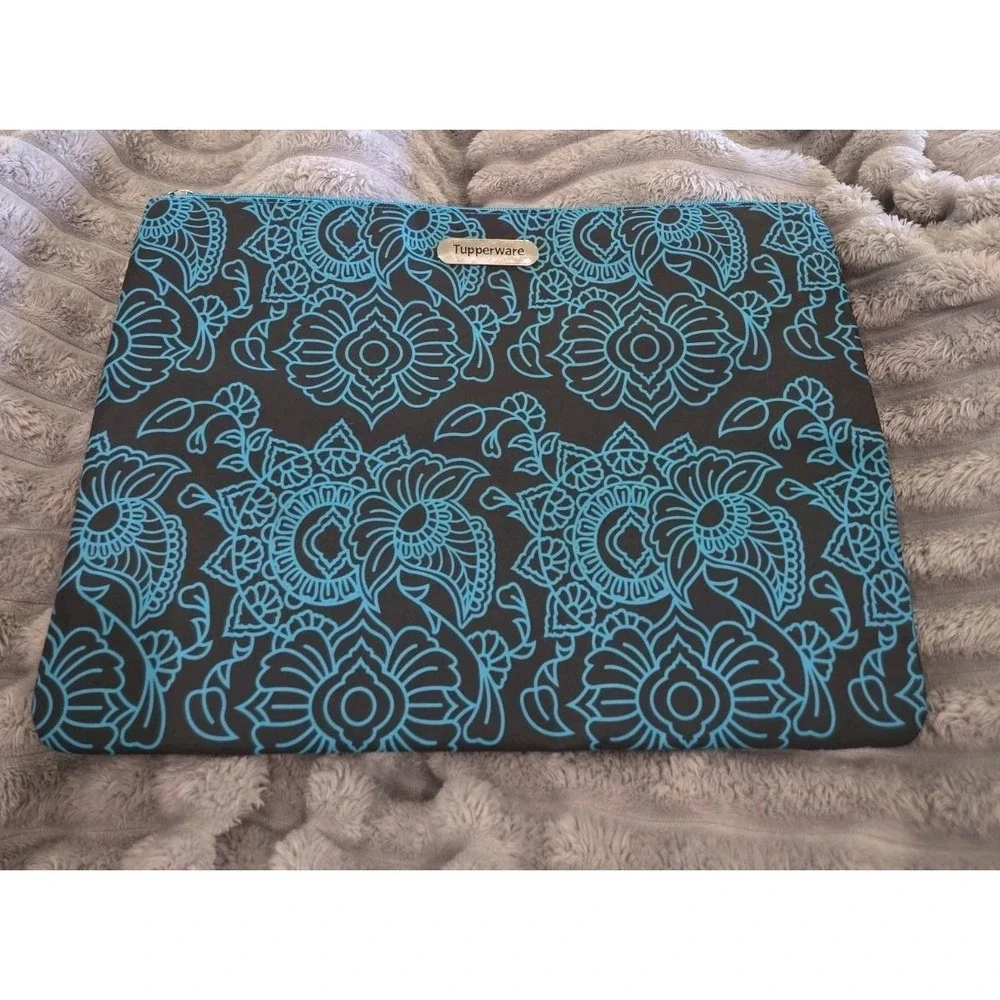 Tupperware Large Zipper Pouch / Laptop Bag Case - Black Blue Floral Design